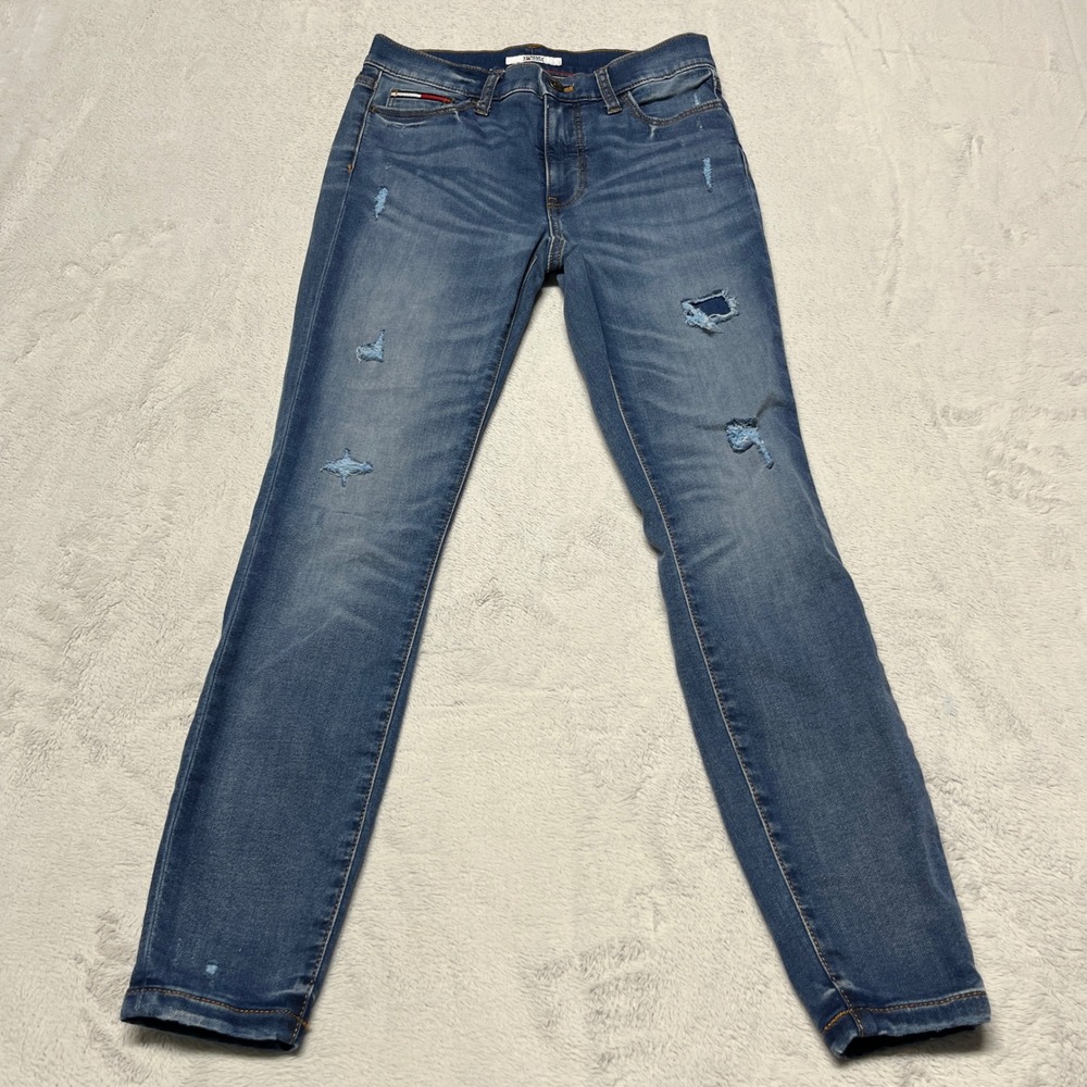 Tommy Jeans Distressed‎ Legging Womens 2 Blue Denim Embroidered Logo 90s Y2K